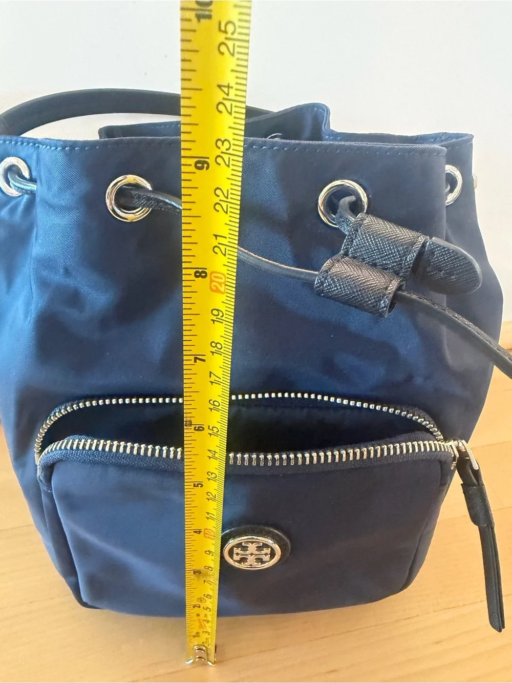 Tory Burch Navy Drawstring Nylon Bucket Shoulder Bag